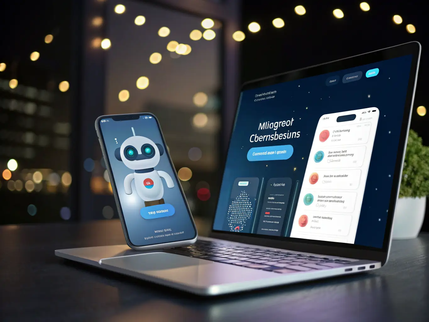 A detailed image showcasing the AI chatbot development process, from initial design and data training to deployment and continuous optimization, highlighting the iterative nature of improving chatbot performance.
