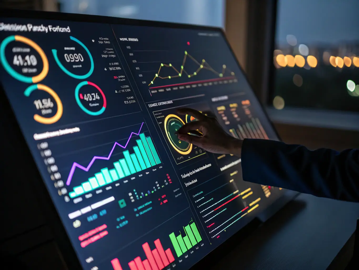 A professional dashboard displaying chatbot analytics, showcasing metrics such as conversation volume, customer satisfaction scores, and lead generation rates. The color scheme is clean and modern, with data visualizations highlighting key performance indicators.