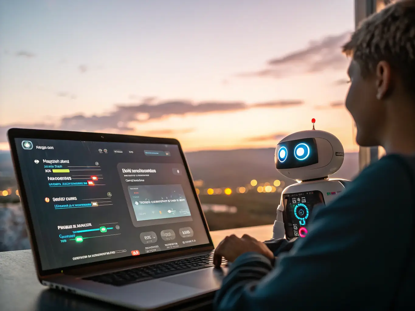 A sleek, modern website interface featuring an AI chatbot icon in the lower right corner, actively engaging with a visitor in a friendly and helpful manner. The background shows a vibrant, dynamic cityscape, symbolizing constant connectivity and innovation.