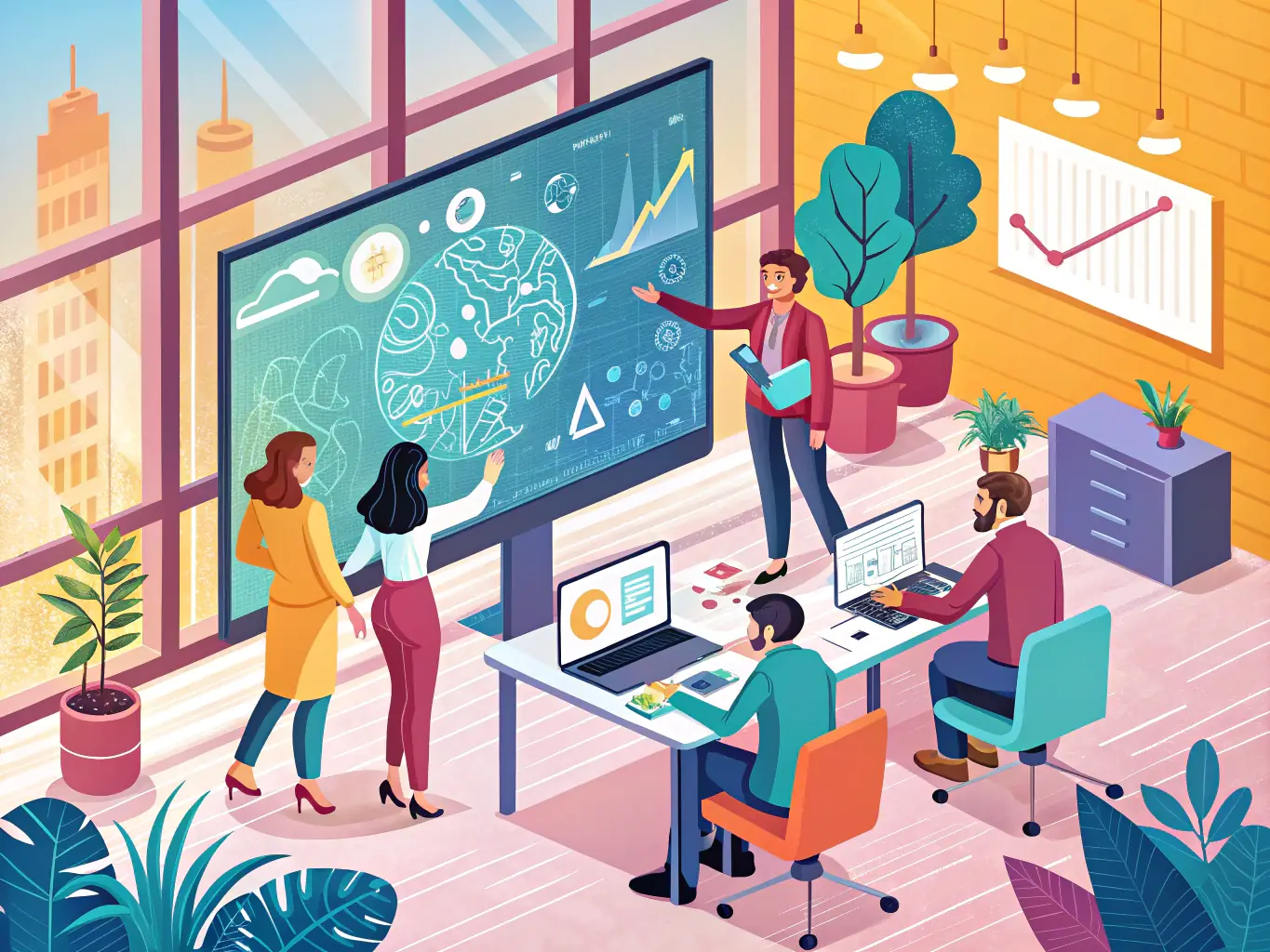 A diverse group of professionals collaborating around a large interactive screen displaying a chatbot conversation flow, highlighting the customization and integration capabilities of CenturyAutomations' AI chatbots. The atmosphere is energetic and collaborative.