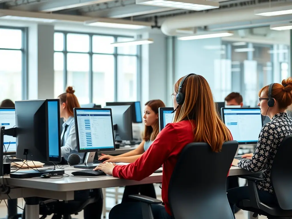 An image of a diverse team of customer service representatives collaborating with AI-powered tools, highlighting the synergy between human expertise and artificial intelligence.