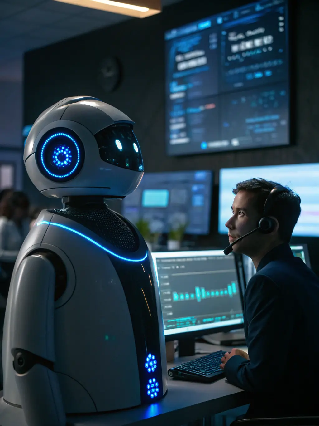 A professional-looking AI phone agent answering a call in a modern office setting, showcasing its ability to handle customer inquiries efficiently.