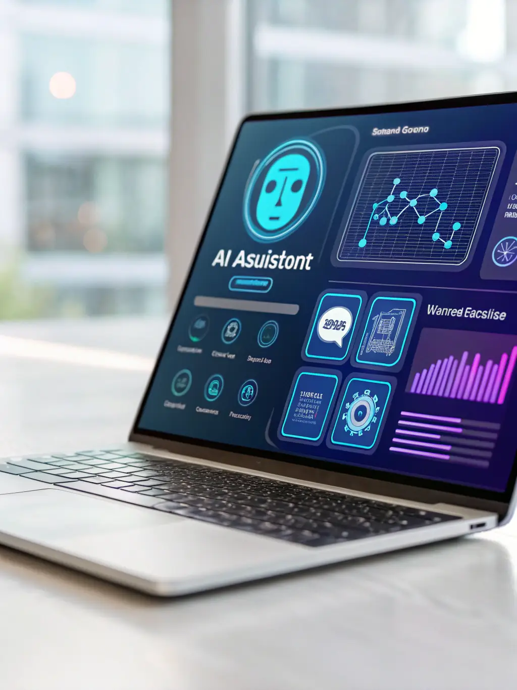 A futuristic icon of an AI assistant managing internal operations, with gears, charts, and data streams flowing seamlessly, representing streamlined workflows and automated tasks, against a dark, premium-looking background.