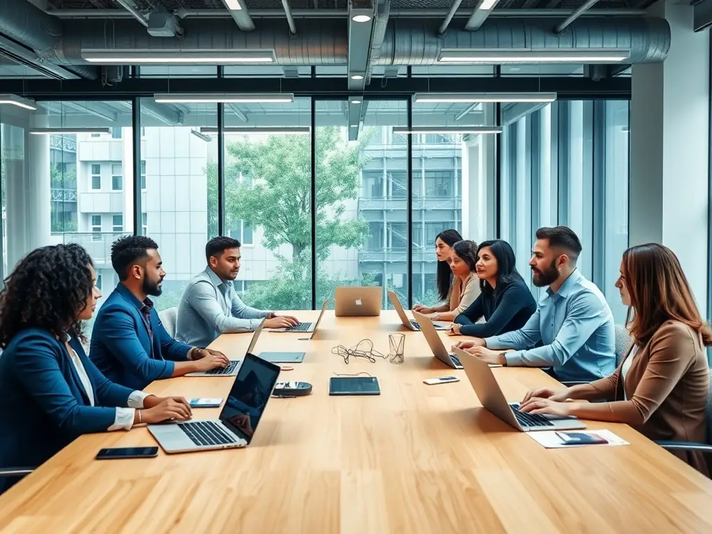 A high-quality, professional image depicting a modern office environment with people collaborating, representing the technology and business services industry.