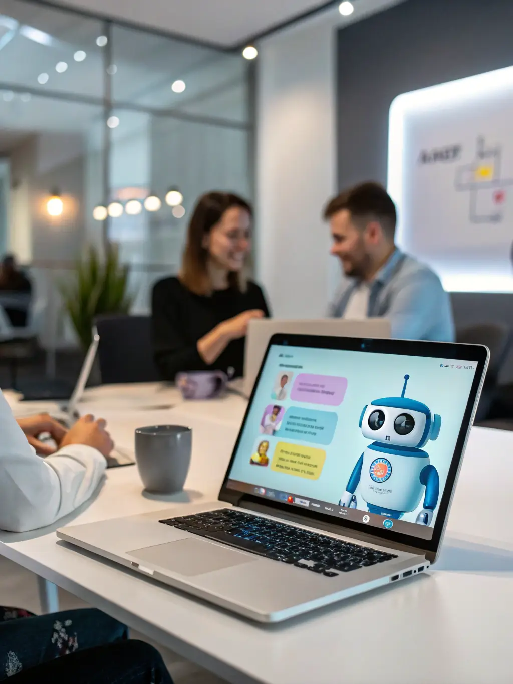 A sleek, modern illustration of a chatbot interface capturing a lead's information, with a glowing cursor hovering over a 'Submit' button, set against a dark, futuristic background.