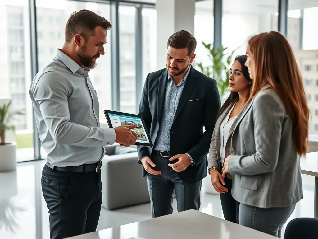 An image showcasing a modern real estate office with agents interacting with clients, representing the real estate industry.