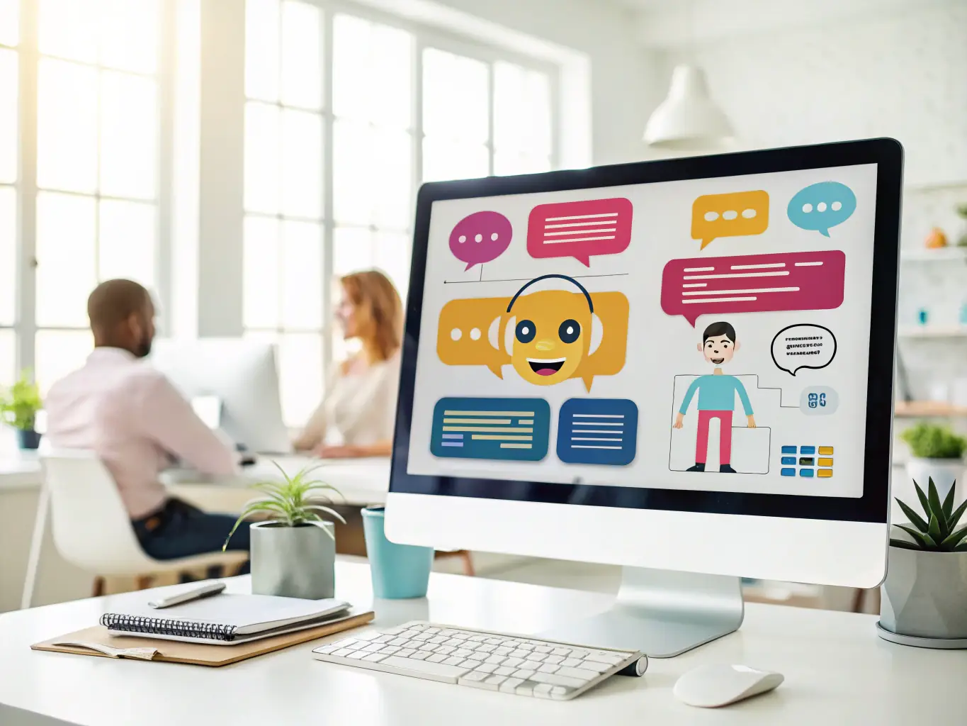 A digital illustration depicting an AI chatbot interface actively engaging with a potential customer on a company website, highlighting the lead capture feature with data flowing into a CRM system.