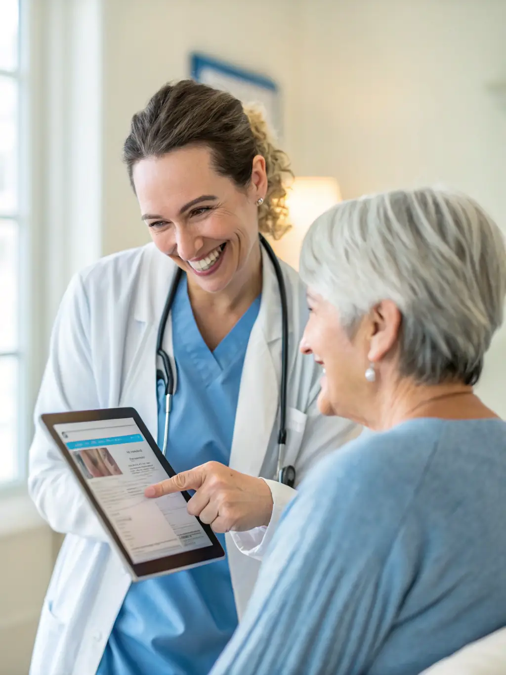 A doctor using an AI chat system to schedule appointments and provide preliminary medical information to patients in the healthcare industry.