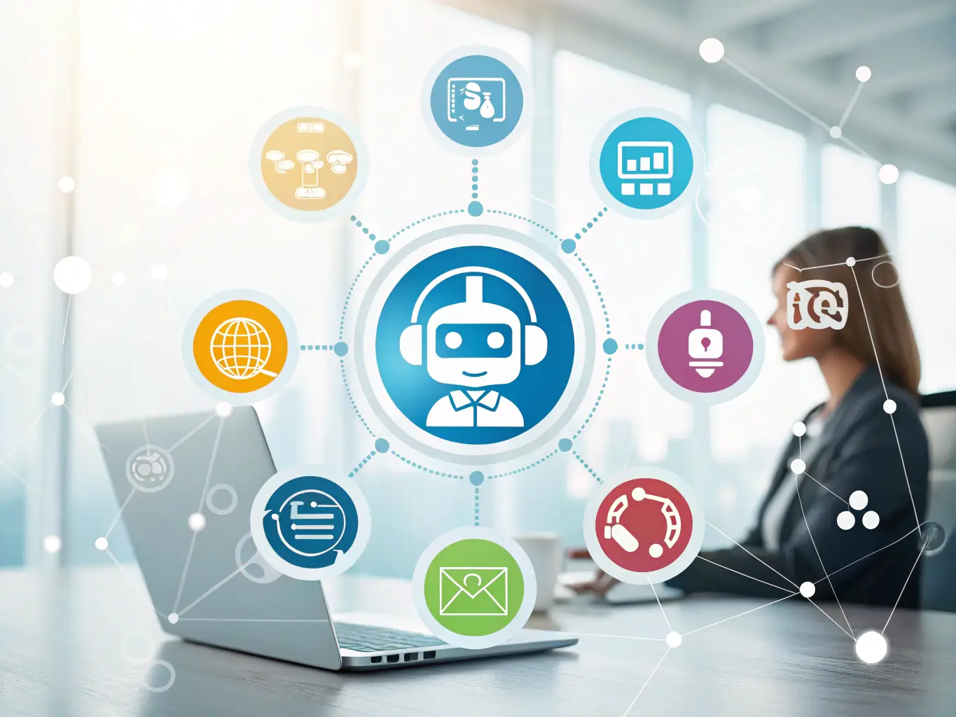 A digital illustration depicting an AI chatbot icon seamlessly integrated into a CRM dashboard, symbolizing automated lead management.